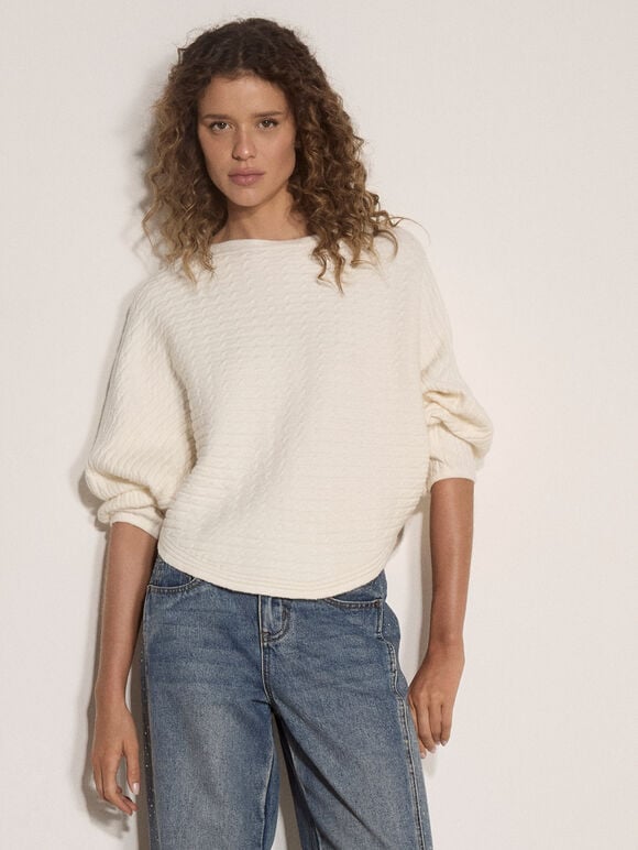 Plait Knit Batwing Jumper, Cream, large