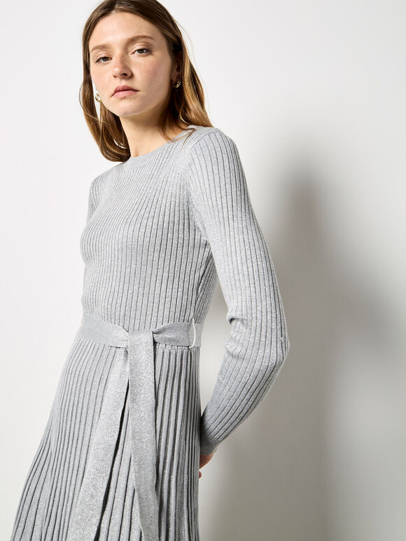 Belted Pleated Dress, Light Grey / Silver, large