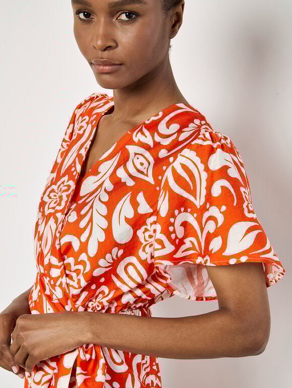 Floral Paisley Wrap Mini Dress, Orange, large