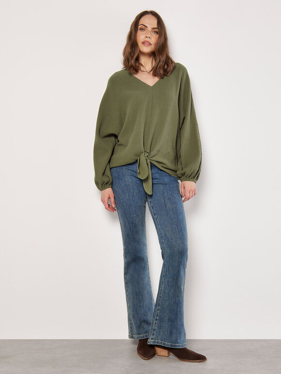 Cotton Oversized Tie Hem Top, Khaki, large