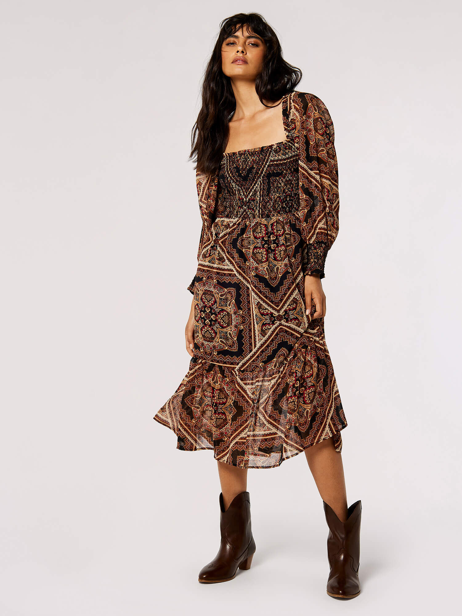 Scarf Print Milkmaid Midi Dress Apricot Clothing
