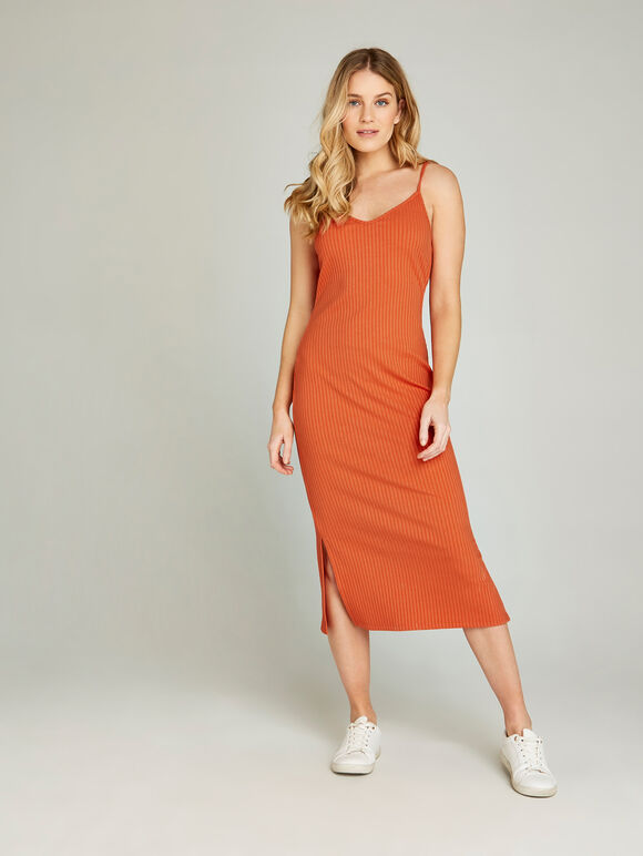 Ribbed Side Split Midi Dress, Orange, large