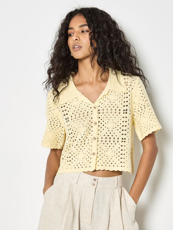 Floral Cotton Crochet Cardigan, Yellow, large
