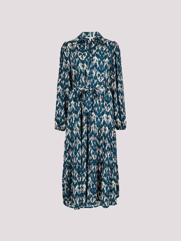 Ikat Tiered Shirt Midi Dress, Teal, large