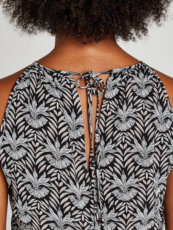 Black Leaf Ruffle Hem Midi Dress, Black, large