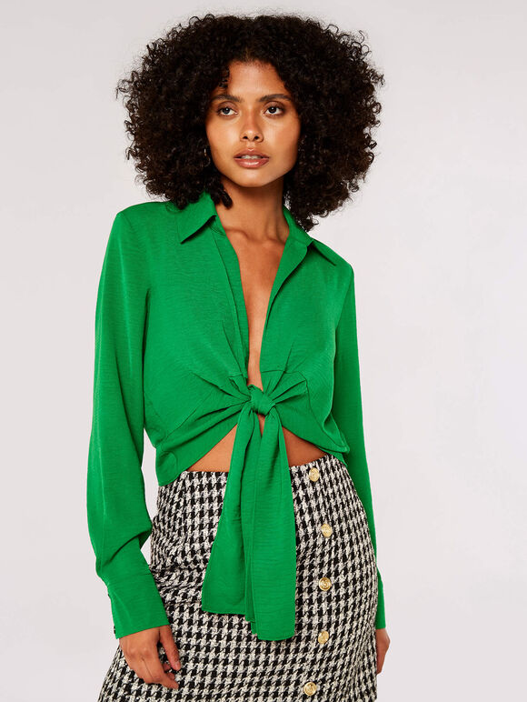 Waist Tie Cropped Top, Green, large