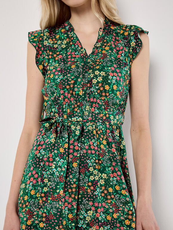 Ditsy Floral Ruffle Mini Dress, Green, large