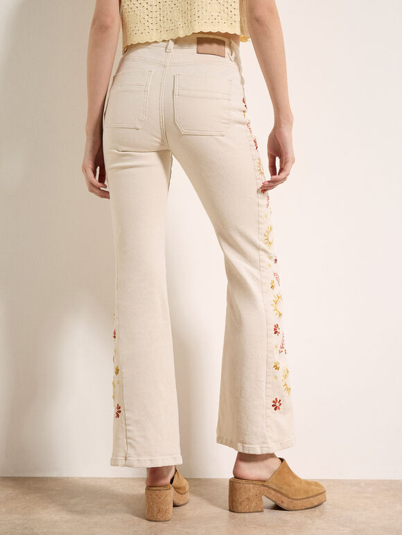 Lulu Floral Embroidered Flare Jeans, Cream, large