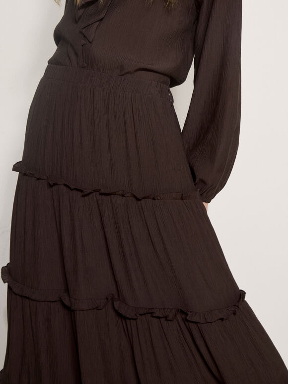Ruffle Tiered Maxi Skirt, Brown, large
