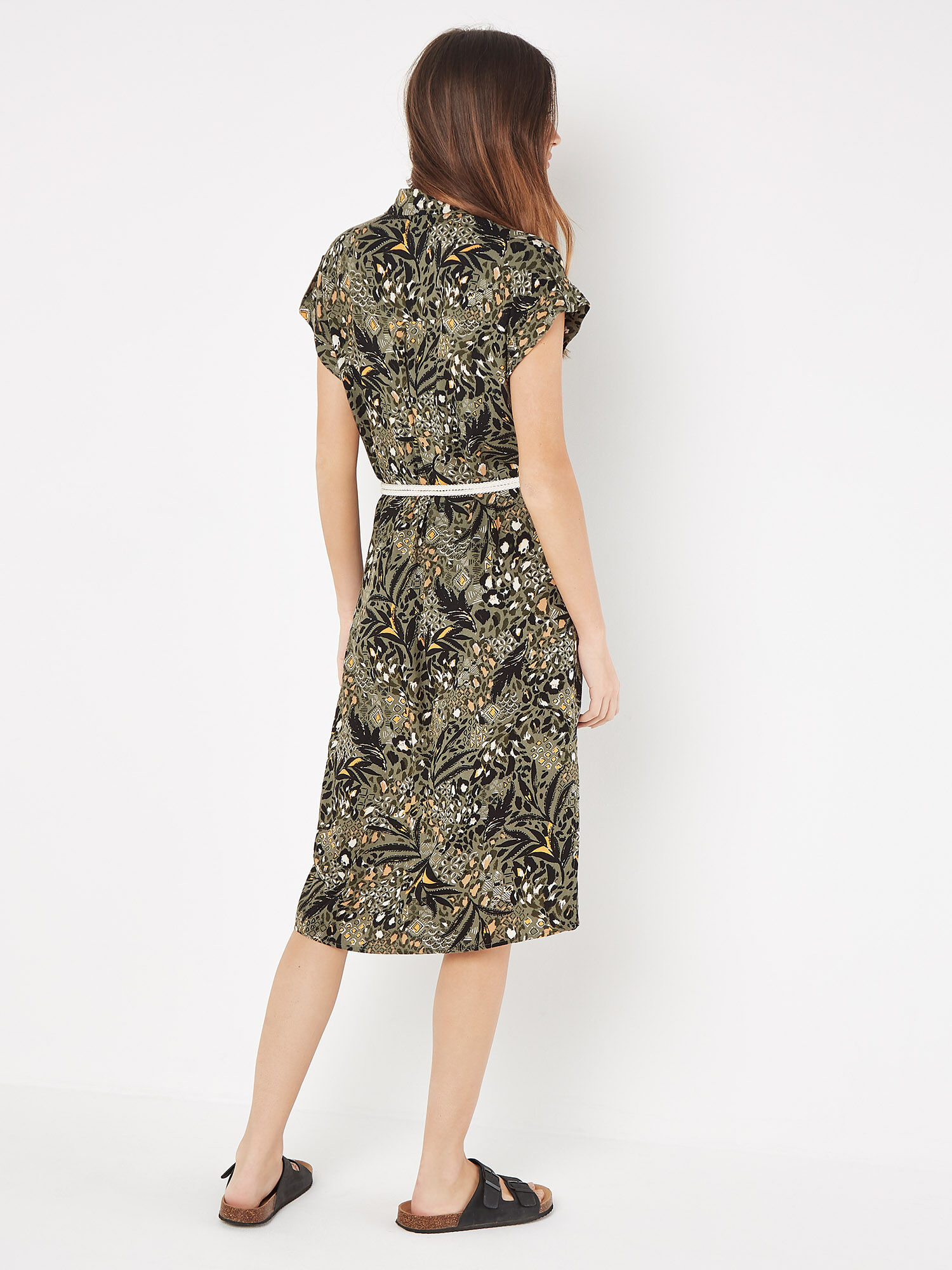 Mixed Animal Print Shirt Midi Dress Apricot Clothing