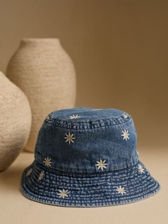 Embroidered Daisy Cotton Bucket Hat, Blue, large