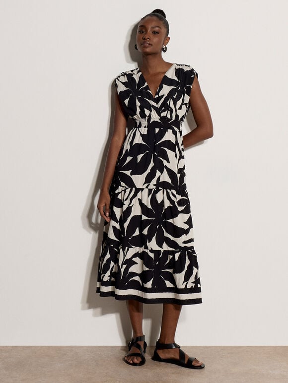 Floral Silhouette Tiered Midi Dress, Black, large