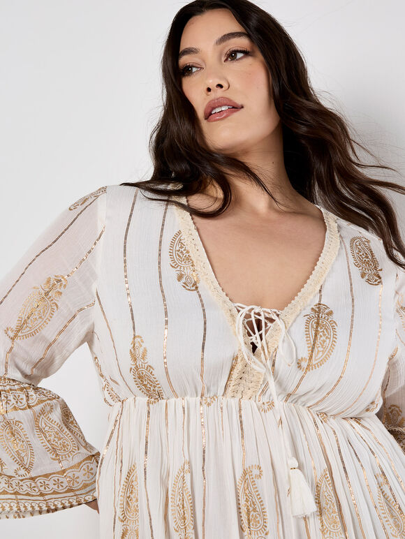 Paisley Shimmer Mini Dress, Cream, large