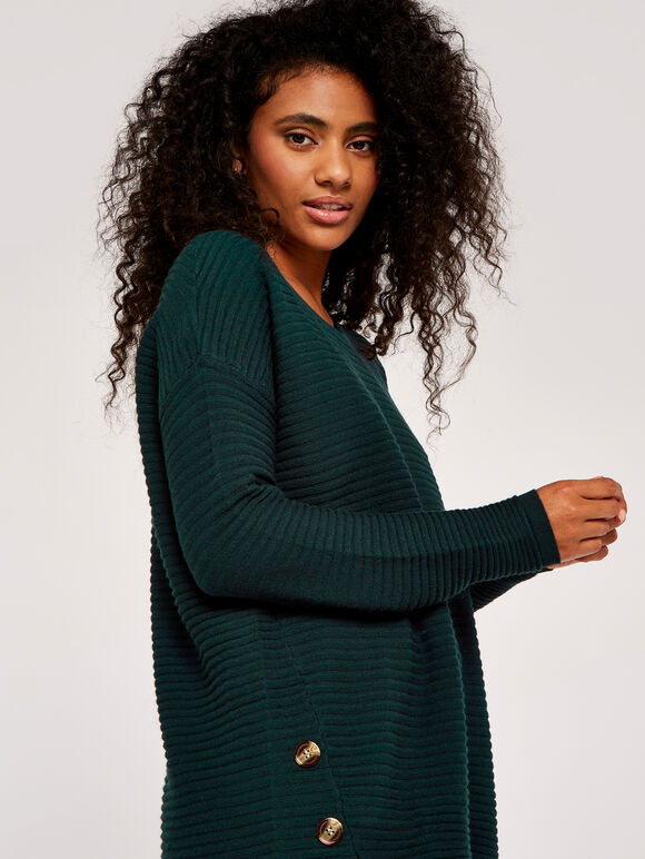 Asymmetric Zip Side Rib Knit Jumper, Green, large