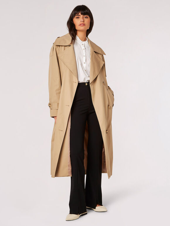 Longline Belted Trench Coat, Stone, large