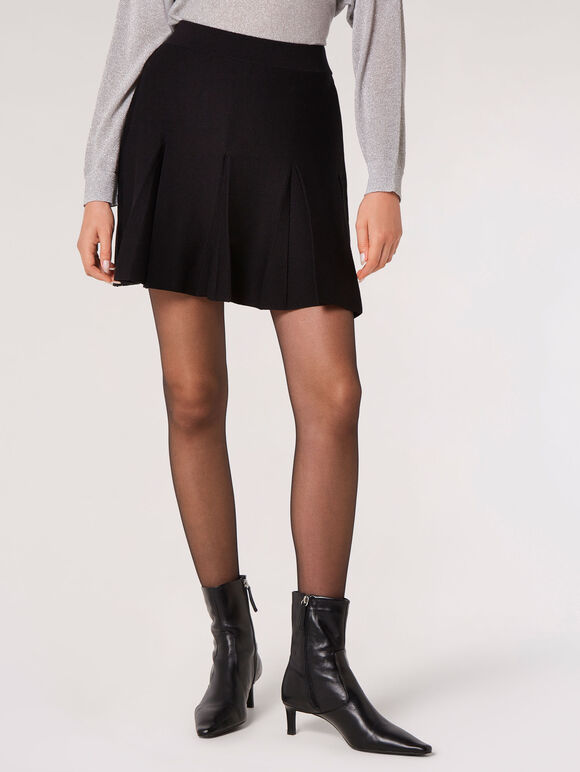 Knitted Pleated Mini Skirt, Black, large