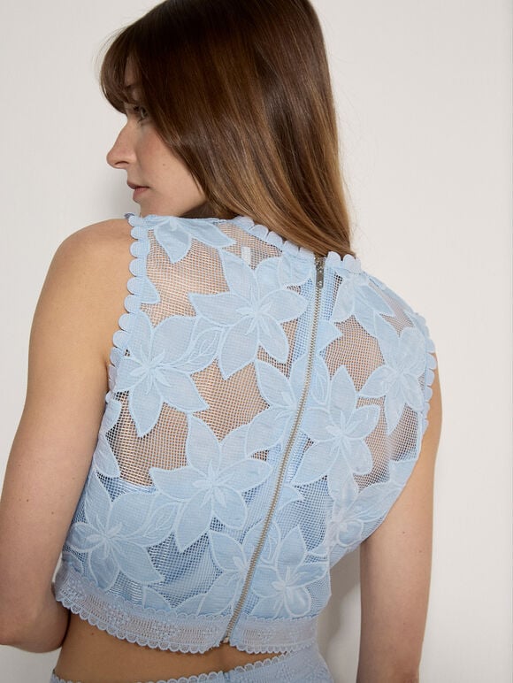 Floral Mesh Lace Crop Top, Sky Blue, large