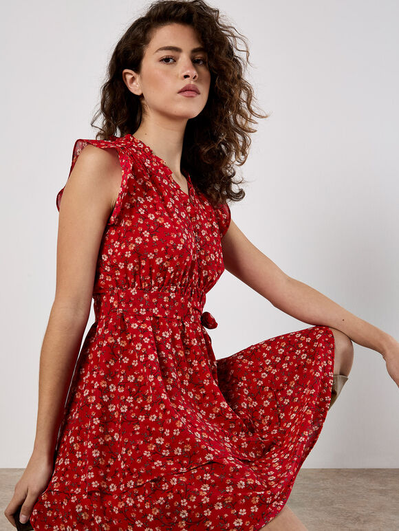 Ditsy Floral Chiffon Mini Dress, Red, large