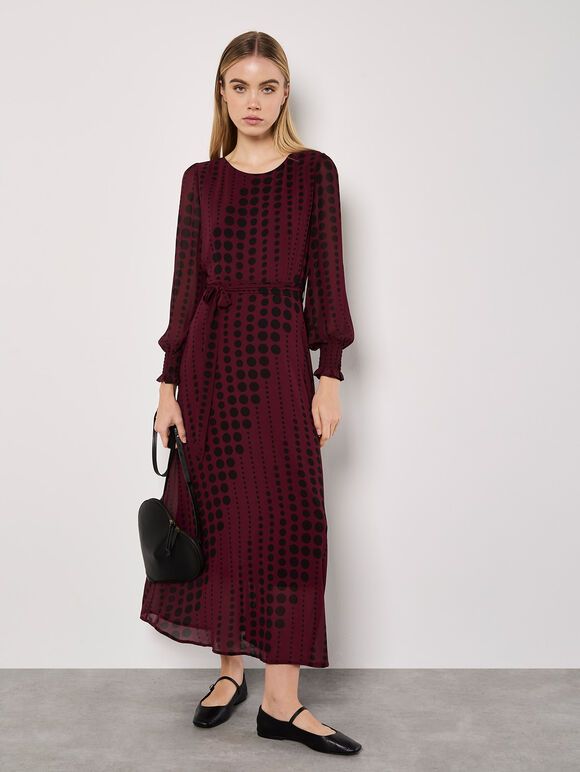 Spot Print Chiffon Midaxi Dress, Burgundy, large