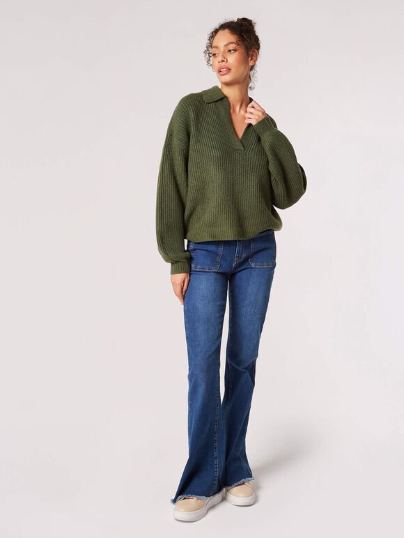 Collared Oversized Ribbed Jumper, Green, large