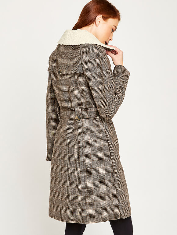 Brown Check Wool Blend Coat, Brown, large