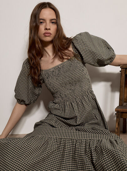 Cotton Gingham Milkmaid Midaxi Dress