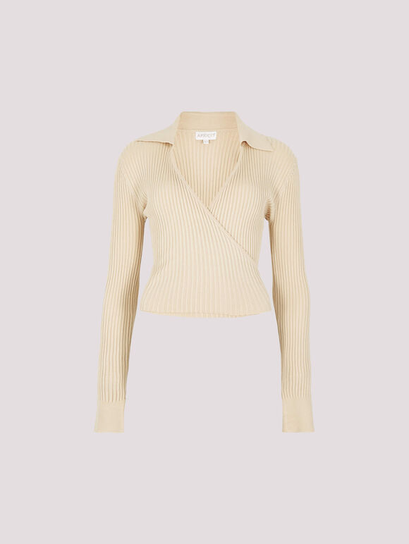 Ribbed Wrap Crop Top, Stone, large