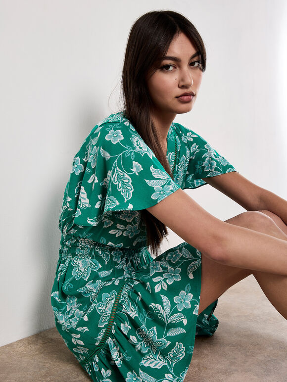 Sarasa Floral Wrap Mini Dress, Green, large