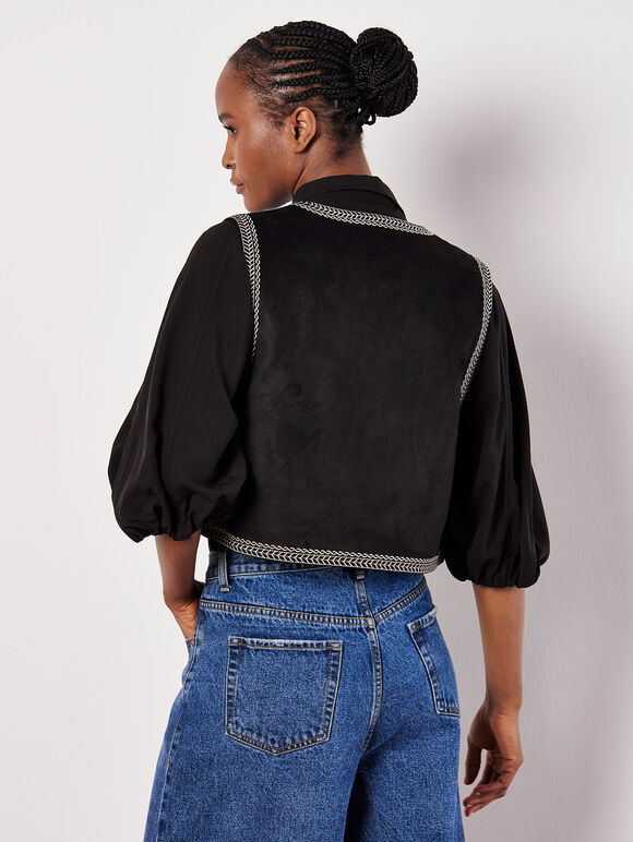 Embroidered Suedette Waistcoat, Black, large
