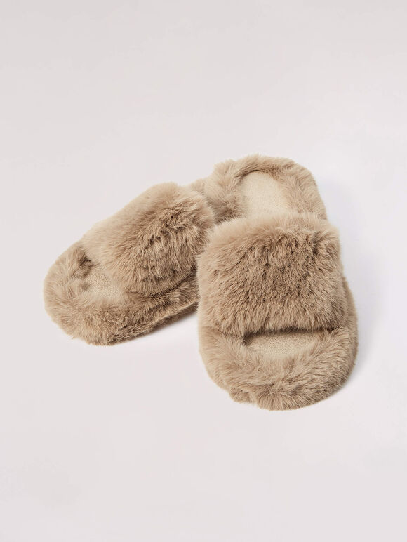 Open Toe Fluffy Slippers, Brown, large