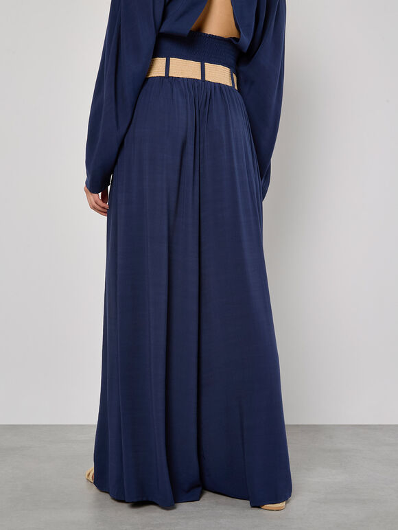Pleated Palazzo Trousers With Belt, Navy, large