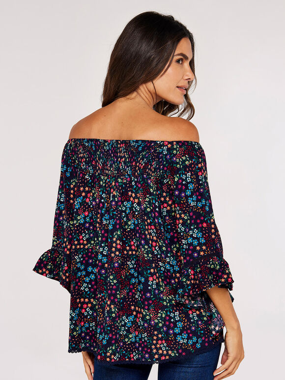Ditsy Spray Bardot Top, Navy, large