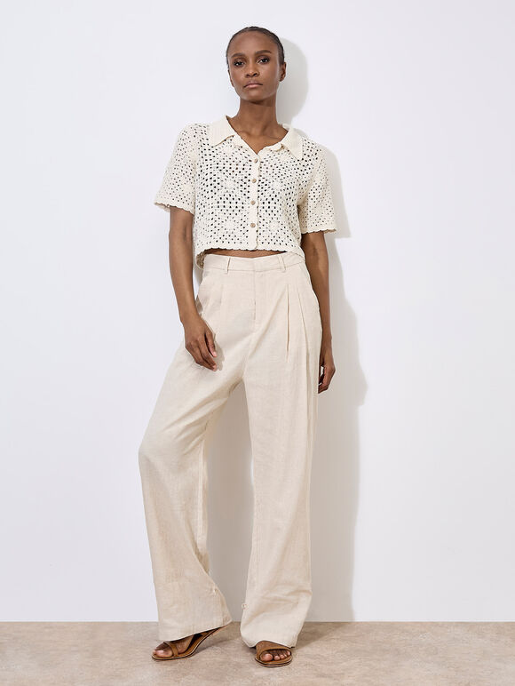 Linen Blend Cinch Hem Trousers, Cream, large