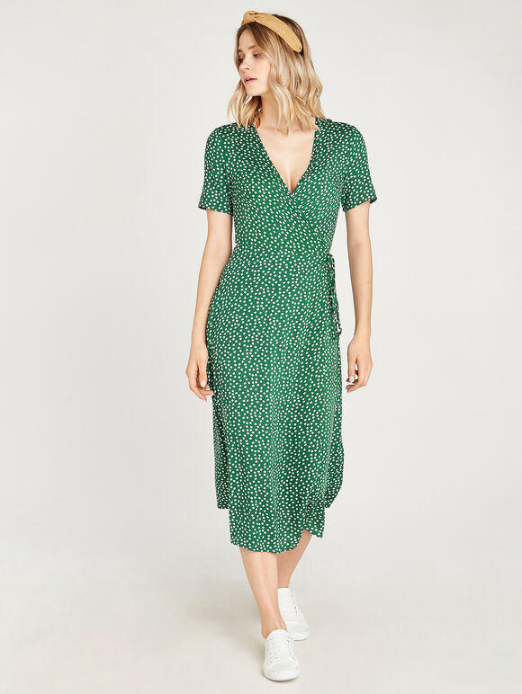 Daisy Dot Wrap Dress, Green, large