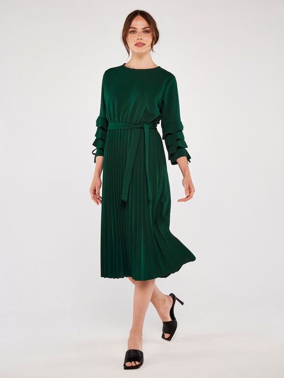 Pleat Ruffle Sleeve Midi Dress, Green, large