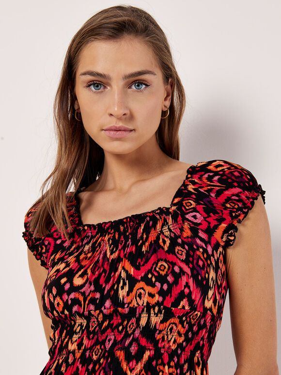 Colourful Ikat Milkmaid Mini Dress, Black, large