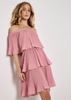 Plisse Tiered Bardot Mini Dress, Lilac, large