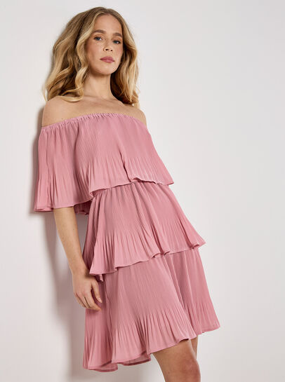 Plisse Tiered Bardot Mini Dress