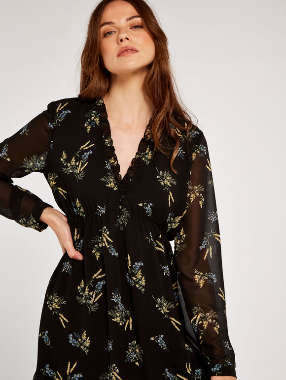 Floral Ruffle Mini Dress, Black, large
