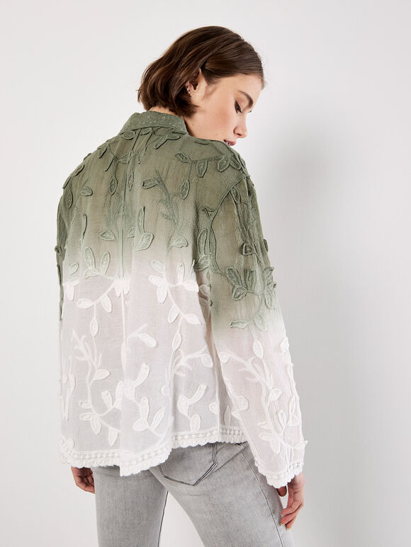 Embroidered Leaf Ombre Cotton Shirt, Khaki, large