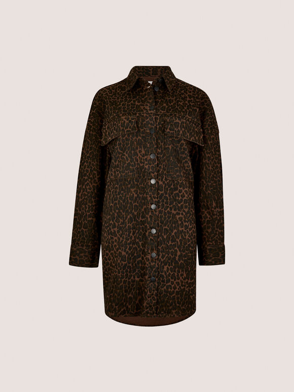 Leopard Denim Shacket Mini Dress, Brown, large