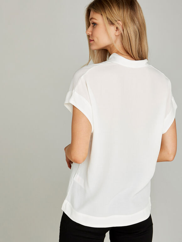 Cream High Collar Border V Neck Top, Cream, large