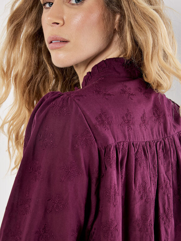 Floral Embroidered Shirt, Burgundy, large