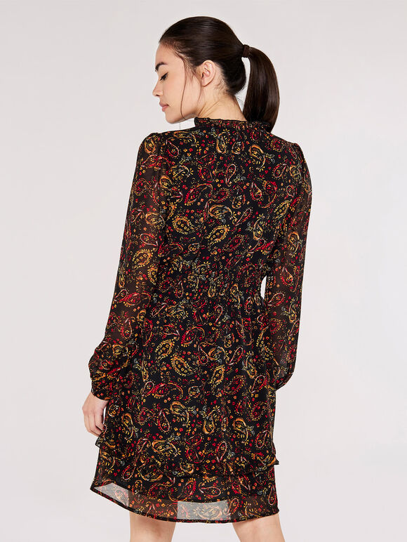 Paisley Ruffle Mini Dress , Black, large