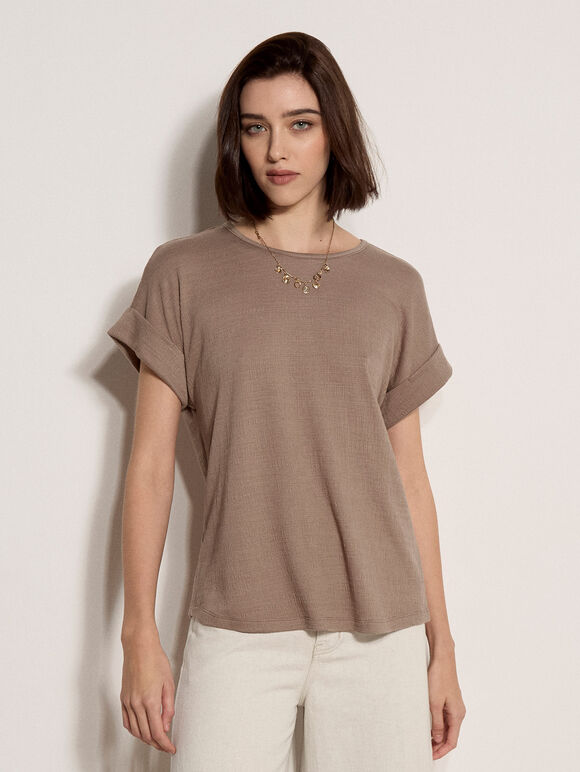 Button Back Textured T-Shirt, Stone, large