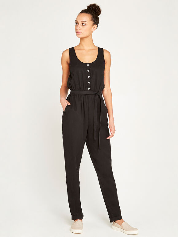 Sleeveless Button Down Jumpsuit, Black, large