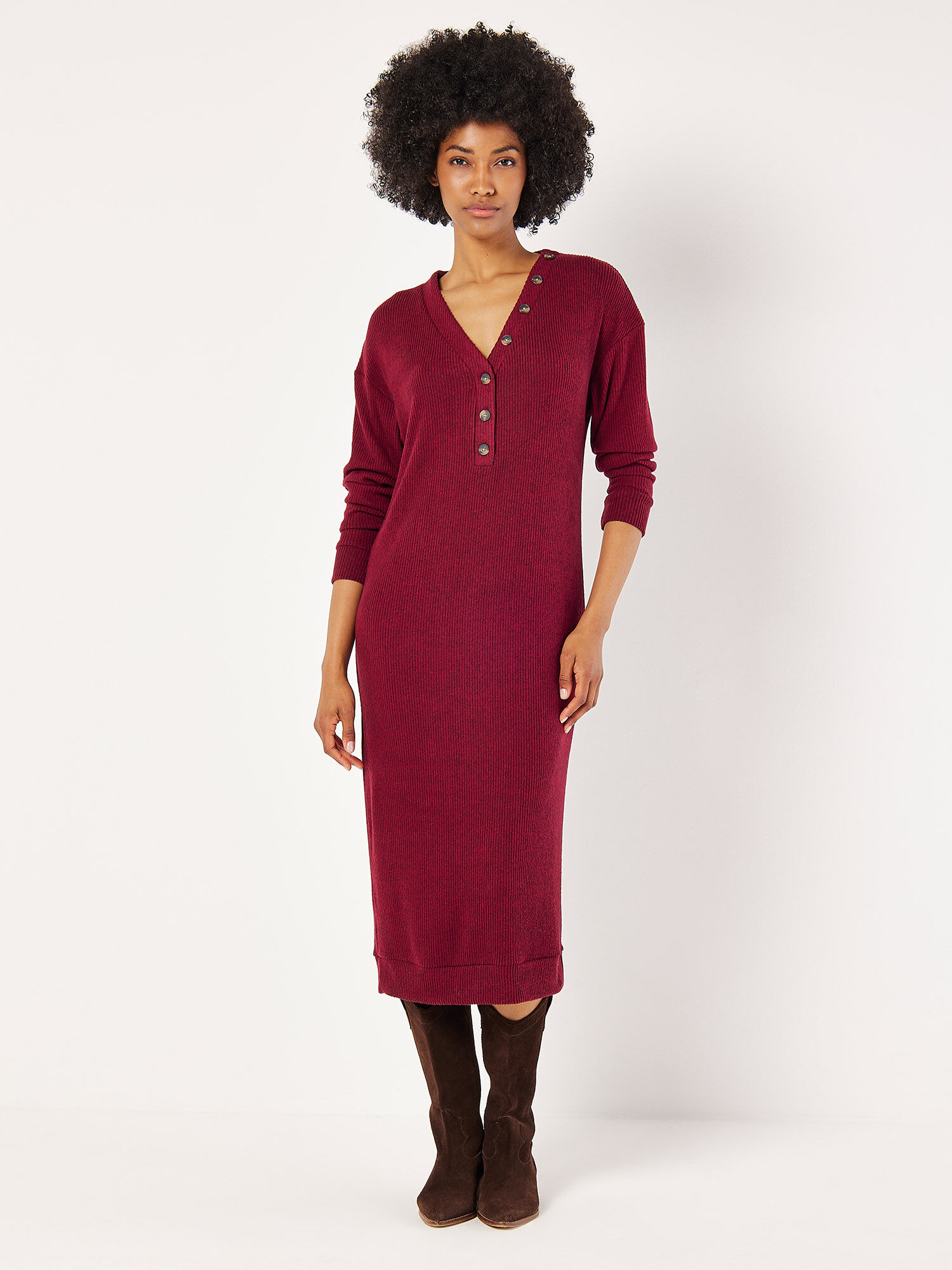 Ribbed Knit Midi Dress Apricot Clothing