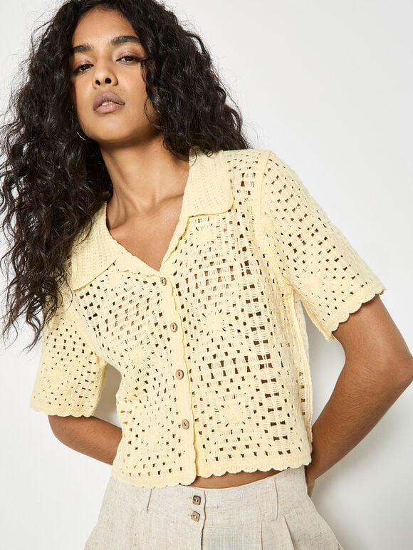 Floral Cotton Crochet Cardigan, Yellow, large