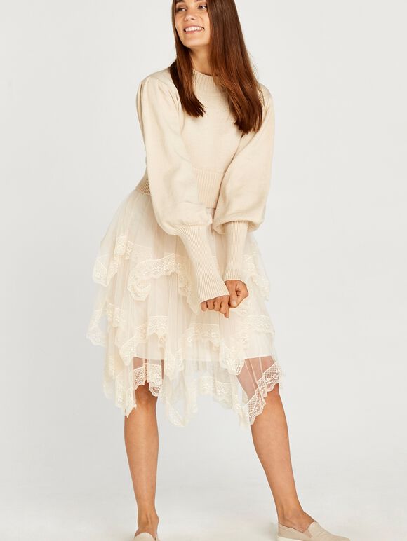 Mesh Skirt Jumper Dress, Stone, large