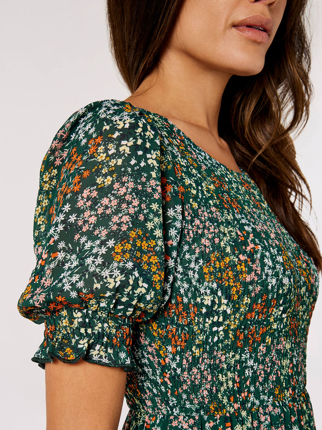 Ditsy Spray Midi Dress Apricot Clothing